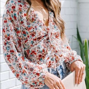 Vici Dolls Floral Swiss Dot Ruched Tie Top